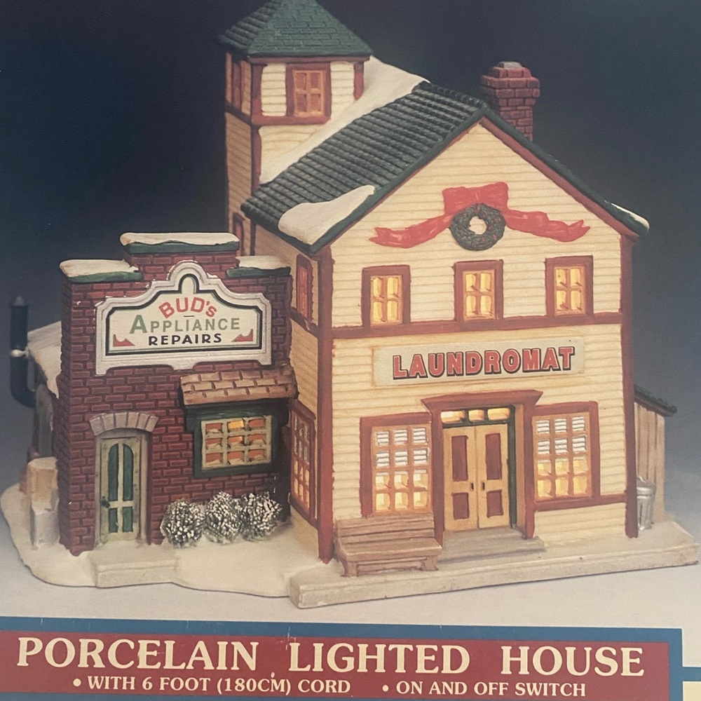 Lemax Vintage 1998 Porcelain Lighted Laundromat and Bud’s Repairs